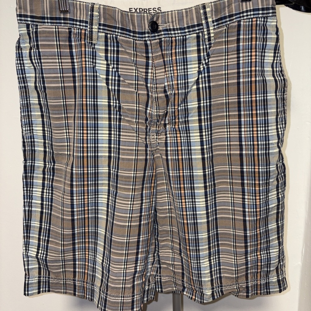 New Express Size 32 Gray/Blue Square Plaid Men's Cotton Long Shorts
